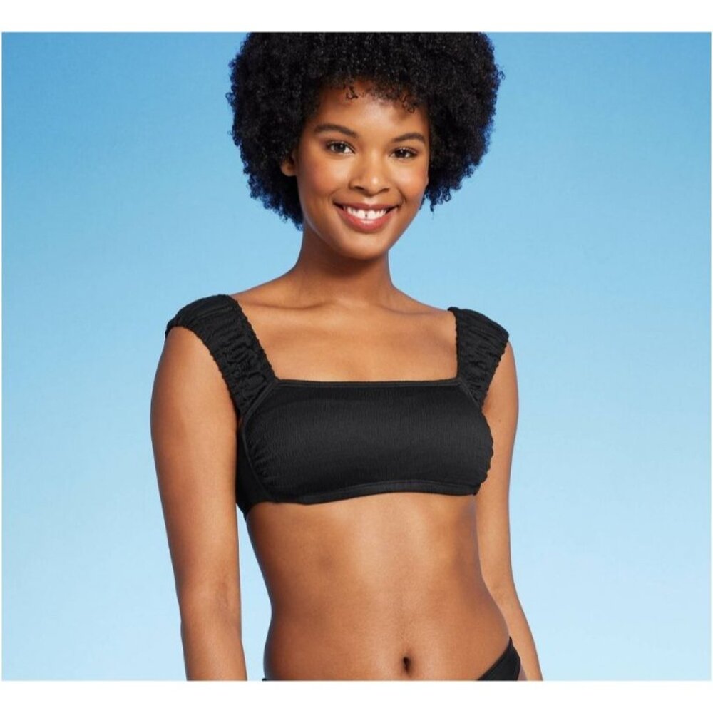Wild Fable Women's Cap Sleeve Smocked Bralette Bikini Top Black Large